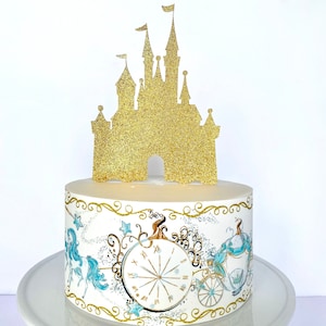 Cinderella&#39;s Horse and Carriage Cake Wrap or Gold Princess Castle Cake Topper