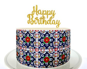 Envoltorio comestible para pastel de azulejos de Talavera (rojo y azul) o adorno dorado para pastel de Feliz Cumpleaños