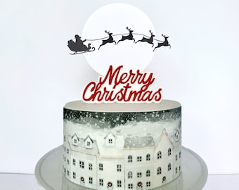 Snowy Christmas Town Edible Cake Wrap or Santa Sleigh Cake Topper