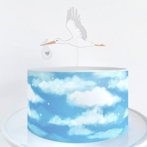 May include: A white stork cake topper with a blue heart-shaped package, flying over a blue and white cake with a cloud and star design.