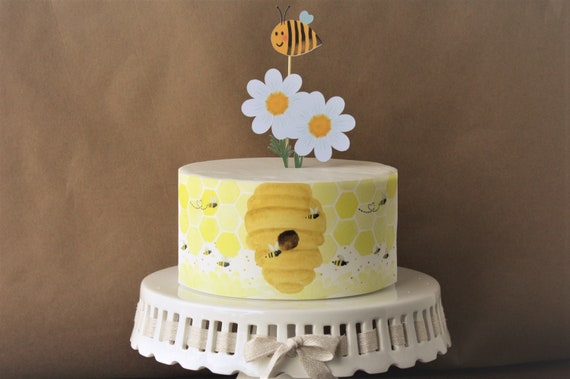 Bee Honeycomb Edible Cake Wrap or Happy Bumblebee Cake Topper 
