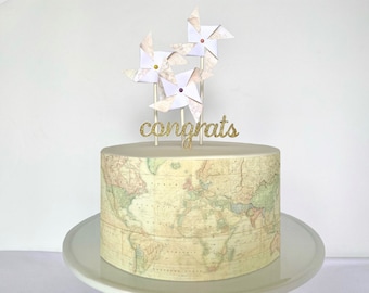 Vintage World Map Edible Cake Wrap or Pinwheel and Congrats Cake Toppers
