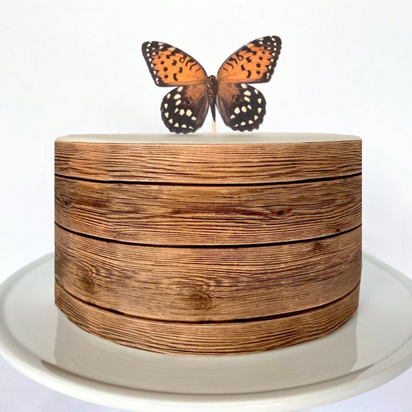 Rustic Natural Wood Edible Cake Wrap or Monarch Butterfly Cake Topper