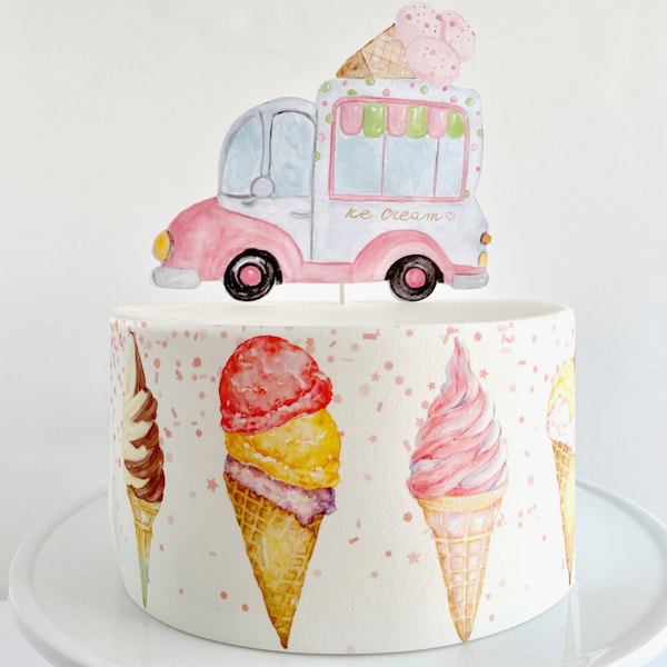 Ice Cream Cones Edible Cake Wrap or Retro Ice Cream Truck Cake Topper