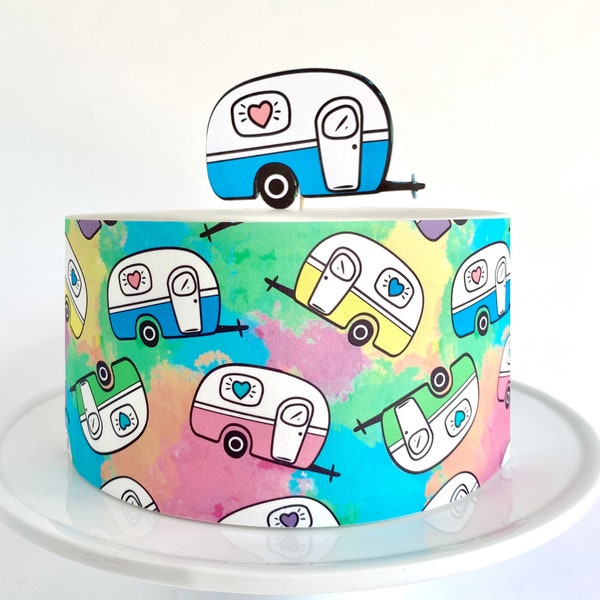 Cute Camper Edible Cake Wrap or Happy Camper Cake Topper