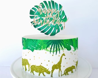 Envoltura de pastel comestible tropical de animales con brillo dorado o adorno de pastel de palma de feliz cumpleaños