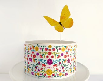 Magical Fiesta Flowers Edible Cake Wrap or Yellow Butterfly Cake Topper