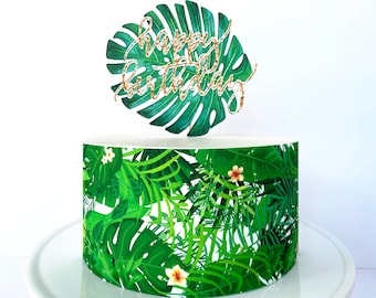 Envoltorio comestible para pastel de selva tropical: Adorno de cumpleaños con hojas de palma