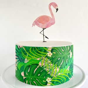 Green Tropical Foliage with Pink Background Edible Cake Wrap or Flamingo Cake Topper