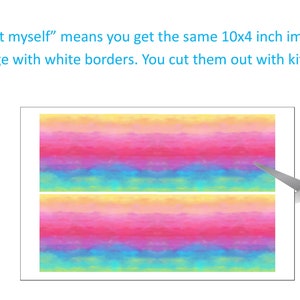 Puede incluir: Dos im&aacute;genes de 25,4 x 10,2 cm de un dise&ntilde;o de puesta de sol acuarela colorido impreso en una hoja de papel blanca. Se muestra un par de tijeras azules cortando el papel.