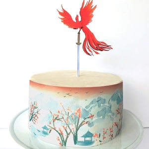 Mulan Chinese Warrior Cake Decorations // Cherry Blossom Landscape Cake Wrap or Sword and Phoenix Cake Topper