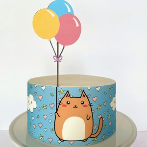 Kawaii Cat Cake Wrap or Balloons Topper: Edible Kitten Party Decor