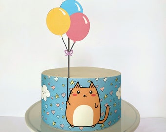 Cute Kawaii Cat Edible Cake Wrap or Balloons Cardstock Cake Topper