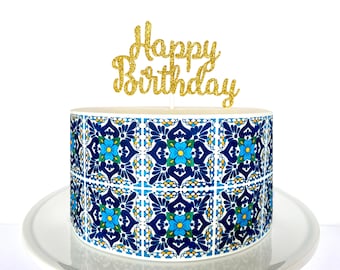 Envoltorio comestible para pastel con azulejos de Talavera (azul) o adorno dorado para pastel de feliz cumpleaños