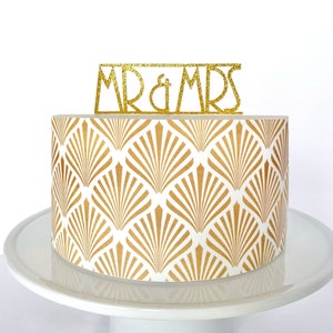 Gold Art Deco Fans Edible Cake Wrap or Mr and Mrs Cake Topper