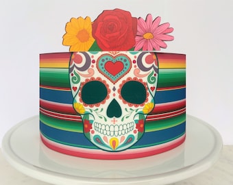 Envoltorio comestible para pastel del Día de los Muertos del sarape mexicano o adorno para pastel con corona de flores