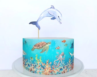 Envoltorio comestible para pastel bajo el mar o adorno para pastel de cartulina con forma de delfín