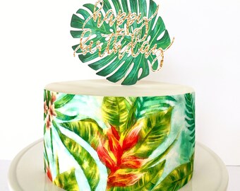 Envoltorio comestible para pastel con flores tropicales o adorno para pastel con palmeras de feliz cumpleaños
