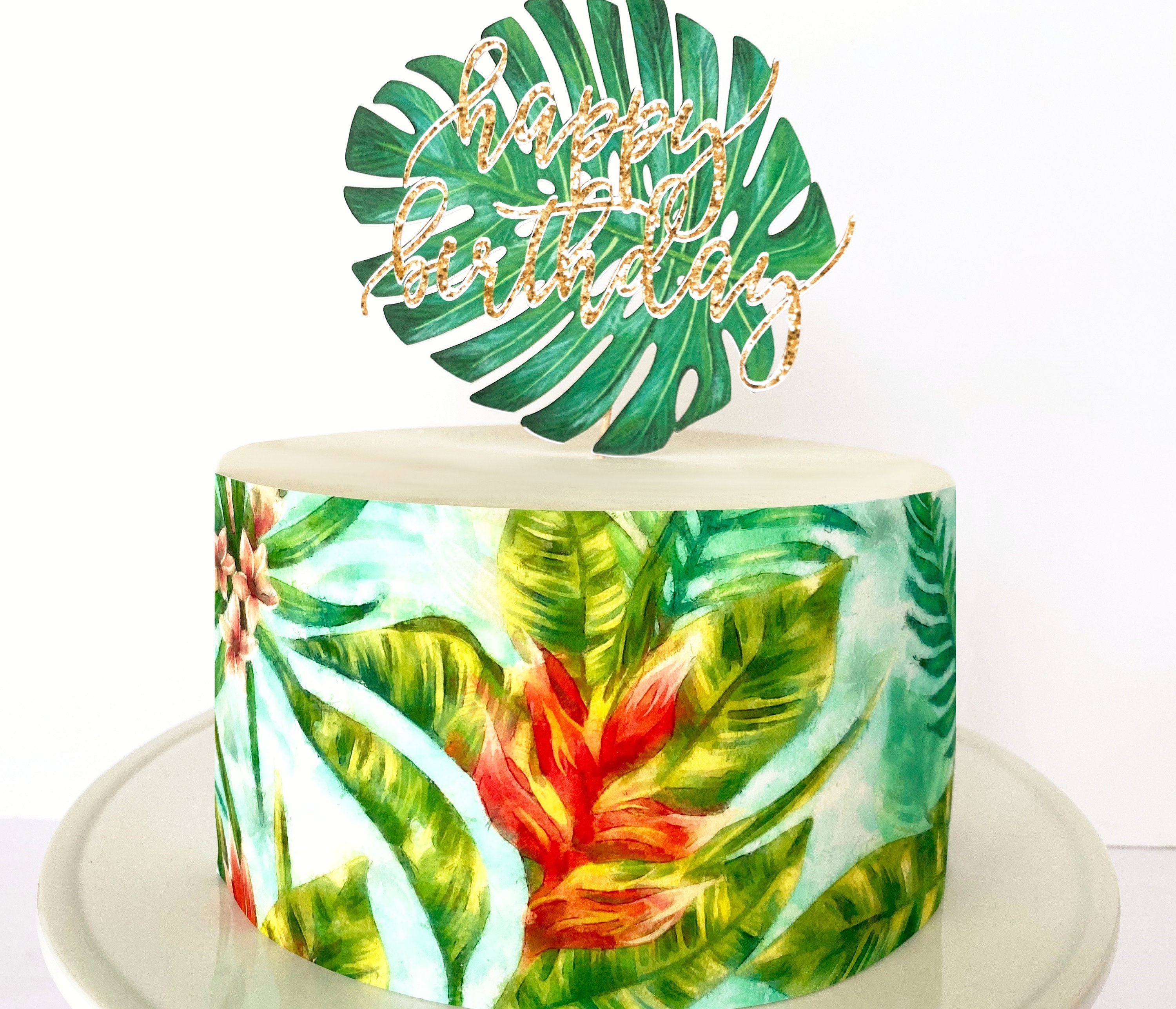 Tropical Flowers Edible Cake Wrap or Happy Birthday Palm Cake pic
