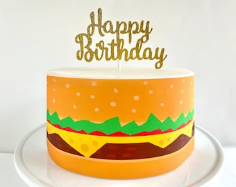 Envoltorio comestible para pastel de hamburguesa o adorno dorado para pastel de feliz cumpleaños