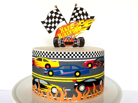Race Cars Edible Cake Wrap or Race Car Fire Birthday Topper 