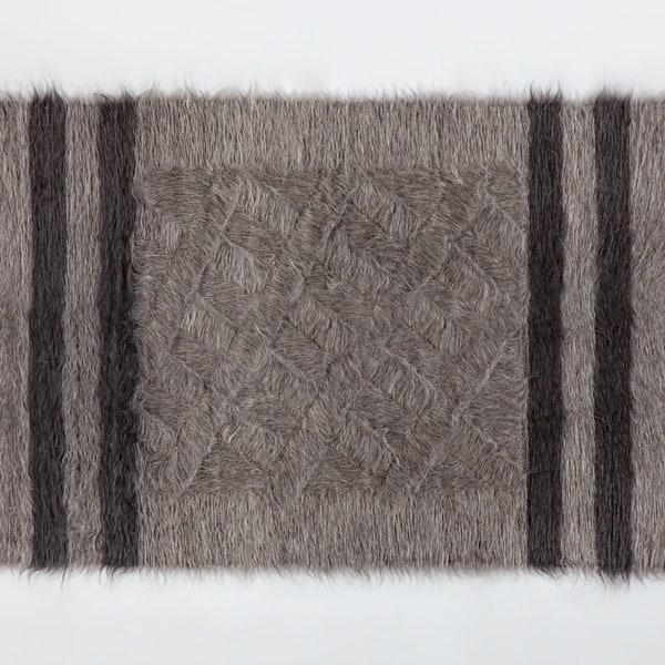 Fall PARALLELE 100% Mohair Rug, undyed grey and black eco-friendly angora wool, handwoven, 32x52 inch, 80x125 cm area rug, natural goat wool