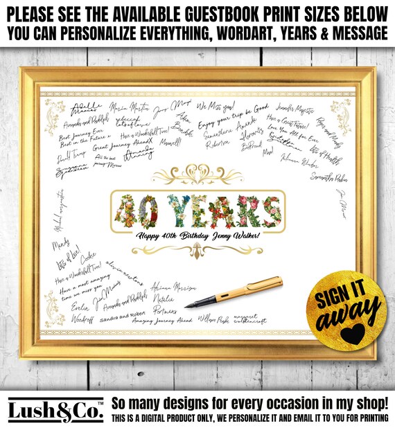 40th Birthday Guestbook Print For Her 40th Birthday For Her Etsy