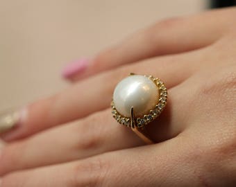 Handmade Gold Ring 14k With High Quality Pearl And 20 White Zircons, Engagement Ring, Birthday Gift, Christmas Gift, FREE SHIPPING