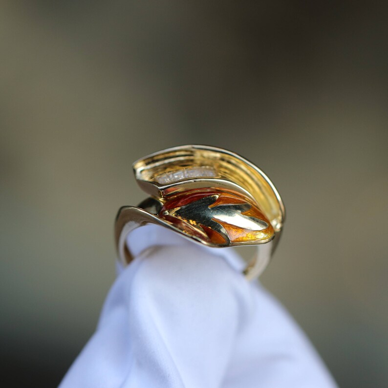 Gold Ring With Enamel, Handmade Ring 14k, White Baguette Stones, Nature Design, Luxury Collection, Special Gift, Special Unique Ring image 5