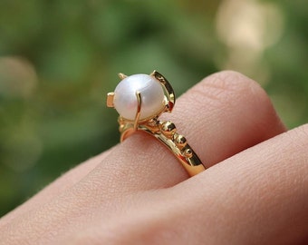 Handmade Gold Ring 14k, With Natural Pearl, Granulation Gold Ring, FREE SHIPPING, LureHandmadeJewelry, Handmade Ring, Pearl