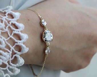 Handmade Gold Bracelet 14k with White Zircon Stones, FREE SHIPPING, Luxury Jewellery, Birthday Gift, Gold Jewellery