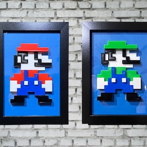5x7 Framed 3D Printed Pixel Nintendo Super Mario Brothers Mario Luigi Wall Art