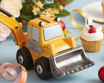 No Extra Duty, Engraved Bulldozer Piggy Bank: Personalized Ceramic Keepsake Gift， christmas gift, birthday gift