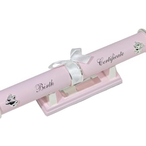 Porta certificato di nascita personalizzato con incisione e supporto, porta certificato in metallo inciso, porta pergamena di nascita personalizzato, regalo per bambina