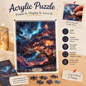 May include: An acrylic jigsaw puzzle featuring a vibrant galaxy and tree design with 159 unique pieces. The set includes an acrylic display frame, a box, and loose puzzle pieces. Text on the product reads Acrylic Puzzle, Frame It. Display It. Love It., 159 Pieces, Unique Non-regular Pieces, Premium Acrylic Material, Includes Acrylic Display Frame, Perfect Gift for Puzzle Lovers, Easy to Stand & Display, and Love you to the moon and back LYC-Gifts Engraved.