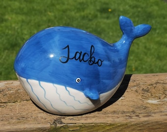 No Extra Duty, Customized  hand lettering Money Bank, Personalized Ceramics Coin bank, Blue Whale money bank, Christmas gift,Birthday gift