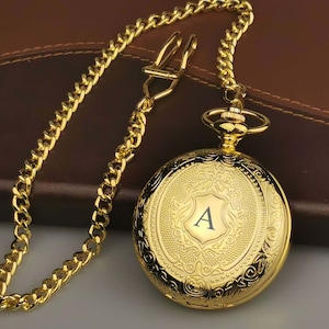 Customzied Engraved Gold Color Pocket watch, Gold chain, Roman Numerals Personalized gift for wedding Anniversary Birthday Father's day