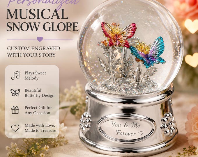 Personalized Butterfly Snow Globe, Custom Musical Water Globe, Engraved Gift for Mom, Daughter, Best Friend, Plays Over the Rainbow