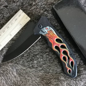 Personalized Pocket Knife, Black Folding Knife with Fire Skull, Practical gift, Camping knife, Anniversary, Groomsmen Gift, GIft for him
