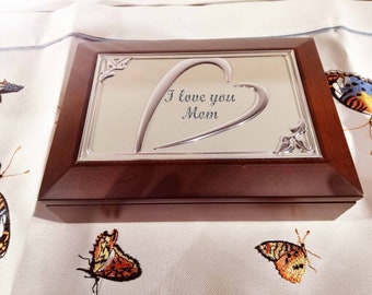 Customized engraved jewelry box, Silver jewelry box, dark brown jewelry box, heart jewelry box, mirror jewelry box, Gift for Mother, Girl