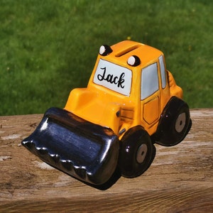 Customized  hand lettering Money Bank, Personalized Ceramics Coin bank, Yellow Bulldozer bank, Gift for Baby, New Born, Christmas,Birthday