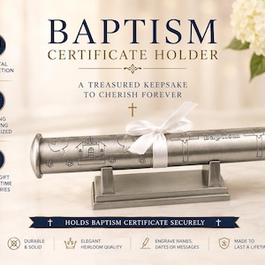Porte-certificat de baptême personnalisé, porte-certificat en étain gravé et personnalisé, porte-parchemin de baptême, cadeau de baptême