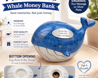 Personalized Whale Money Bank, Engraved Ceramic Piggy Bank, Bottom Coin Access, Custom Silver Plate, Baby Shower & Birthday Gift
