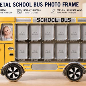 Cadre photo personnalisé en métal, motif bus scolaire, idéal pour la remise de diplômes (13 photos). Cadre photo gravé avec les années scolaires des enfants. Cadeau de fin d'études.