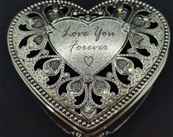 No Extra Duty, Personalized Silver Heart Diamond Jewelry Box, Customized box, Engraved jewelry box, GIft for Her, Baptism, Anniversary
