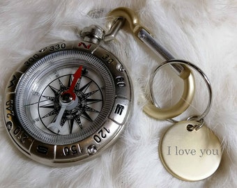Customized Engraved Silver Compass, Engraved Compass, Carabiner, key ring, enbraveable plate, zinc Alloy, Personalized gift for Him