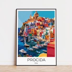 May include: A colorful cityscape with a church on a hill overlooking a harbor with boats. The text "Procida, Italy" is at the bottom of the image.