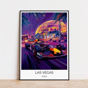 May include: A digital illustration of a Formula 1 race car speeding through a neon-lit city at night. The car is black and yellow with the words "Mobil 1" on the side. The city skyline is visible in the background, with a large dome-shaped building in the center. The text "LAS VEGAS" and "U.S.A." is at the bottom of the image.