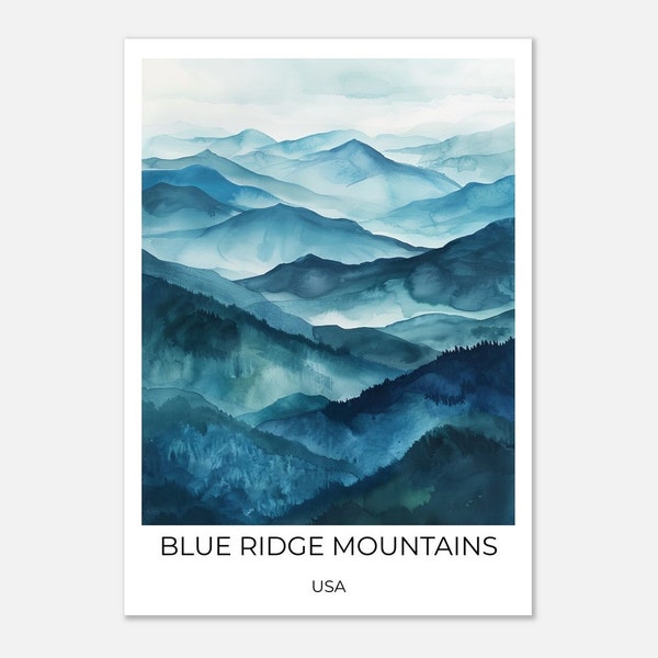 Blue Ridge Mountains | Gebirge in USA | Watercolor Travelposter Blue Ridge Mountains| Wandkunst USA | Travel Print Blue Ridge Mountains