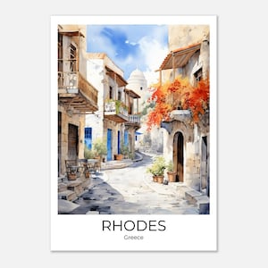 Old Town Rhodes - Travel poster watercolor - Travel print wall art Fineart print Rhodes Wallart Rhodes gift